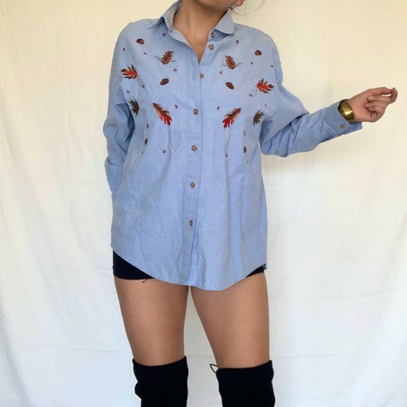 90s Vintage Embroidered Fall Denim Button Down - Picture 4 of 11